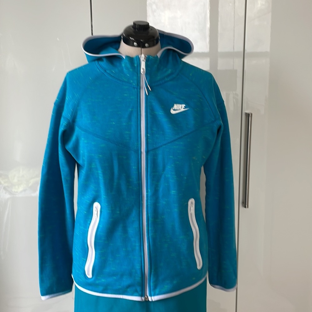 NIKE Vintage Hoodie with Front Zipper in Blue/Green Size-XL